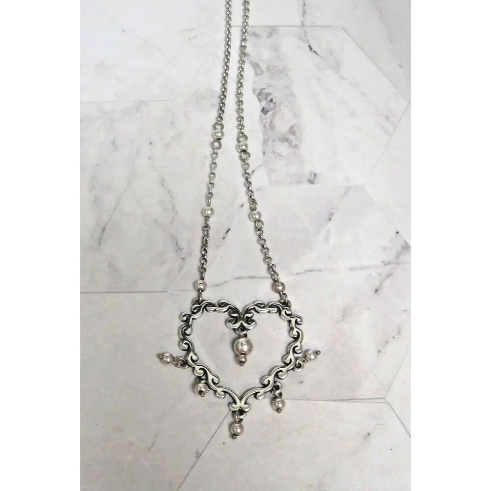Brighton Summer Love Filigree Heart Necklace 16" Silver Tone Beaded